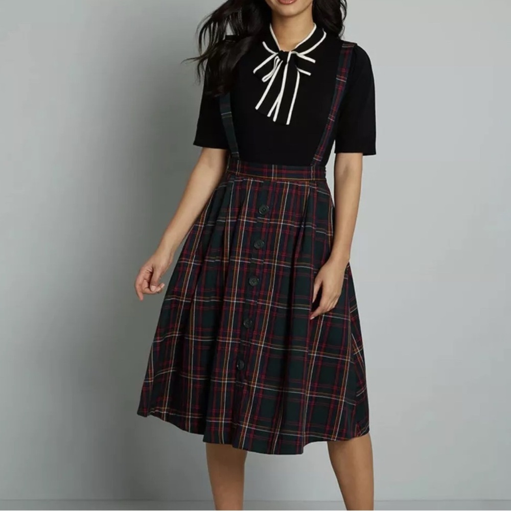 Modcloth Dark Green and Red Plaid A-Line Suspender Skirt
